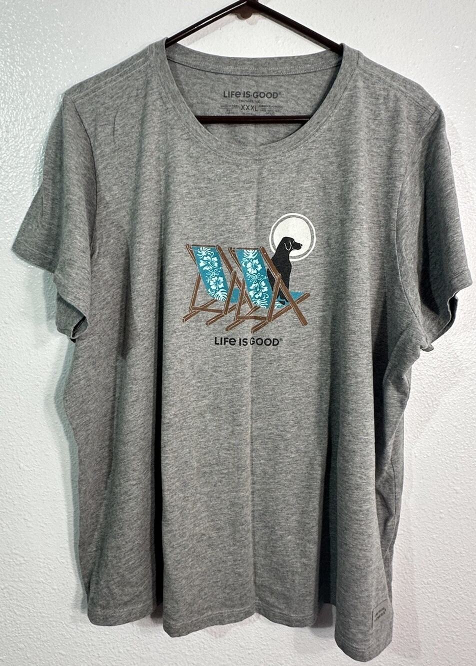 Life Is Good Women’s 3XL Gray T Shirt Black Lab Dog Beach Chairs Graphic Tee